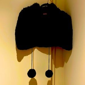 Black Rabbit Fur Cape with Hanging Pom Poms, One Size